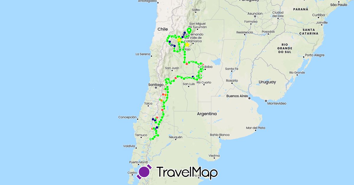 TravelMap itinerary: driving, hiking, hitchhiking, vélo in Argentina (South America)